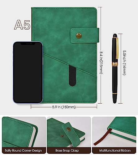 Image of Lined Journal Notebook with Pen, A5 Personalized Hardcover Leather Journal for Men Women, 200 Pages 100 GSM Thick Paper College Ruled Notebooks for Work Travel School Writing Diary 5.9 inch X 8.4 inch Green