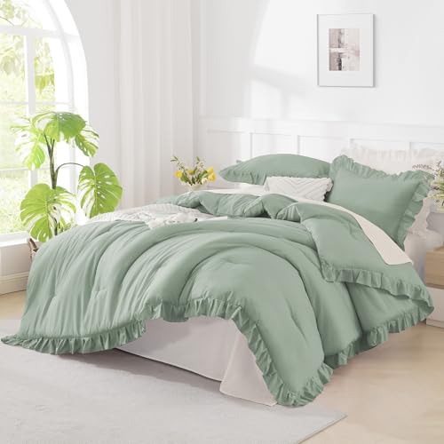 Andency Queen Size Comforter Set, Sage Green Ruffle Bedding Set, 3 Pieces Boho Comforter for Queen Bed, Farmhouse Ruffle Bed Comforter Set, Lightweight and Soft Bedding Comforter for All Seasons