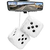 KVAEY 2PCS Fuzzy Plush Dice with Dots, 3 Inch Square Pair of Retro Rear View Mirror Hanging Ornament, Classic Vintage Soft Dice Pendant Auto Interior Mirror Decor, Car Accessories (White)