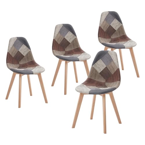 HJhomeheart Lot de 4 Chaises de Salle à Manger, Patchwork Multicolore, Chaise en Tissu avec Pieds en Bois Massif pour Salon (Brun)