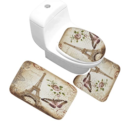 3 Teilig Badematte Set Eiffelturm 3D Badematten Set rutschfest, Badezimmerteppich,U-förmiger WC-Vorleger,WC-Deckelbezug…