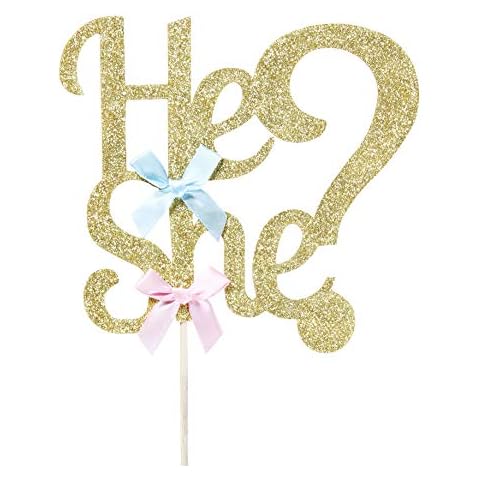 LOVENJOY He or She Cake Topper Gold - Gender Reveal Party & Baby Shower Decoration Cover