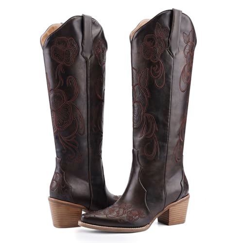 Cowboy Boots for Women Knee High Cowgirl Western Boots Pointed Toe Chunky Block Heel Retro Vintage Floral Embroidered Pull-On Tabs Tall Boot2