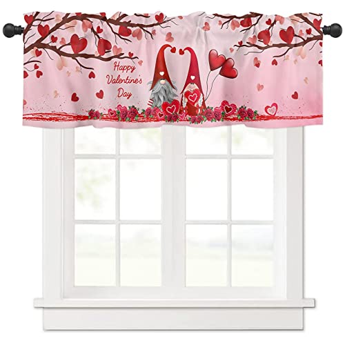 Valentines Valance Curtain For Windows Gnome Couple Roses Rod Pocket Valance Window Treatments 1 Panel Love Heart Pink Short Curtains For Kitchen Windows Bathroom Bedroom 54 X 18 Inch #TOP24