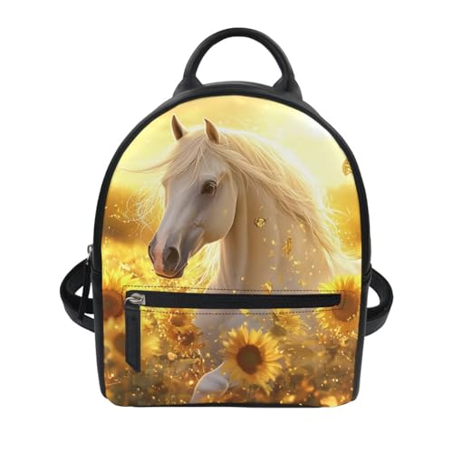 FOR U DESIGNS Compact Sunflower Horse Mini Backpack 9.2x7.2x3.9 Inch Anti-Theft PU Leather Shoulder Bag Lightweight Multiple Pockets for Hiking Gym Work Small
