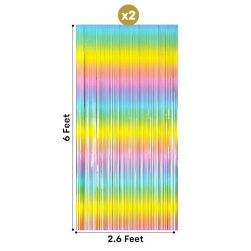Image of Party Propz Multicolour Fringe Foil Curtains for Birthday Decorations - 2Pcs Pack, 3Ft x 6Ft Each, Rainbow Backdrop for Unicorn Theme Party, Baby Shower, Kids Birthday