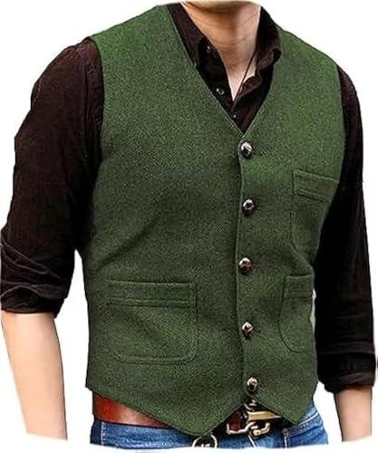 Mens Vintage Tweed Suit Vest V Neck Casual Wool Waistcoat for Wedding Groomsmen Men's Formal Vest