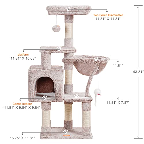 Image of Heybly Cat Tree with Toy, 43.3 inch Cat Tower for Indoor Cats HCT004SMU | Cat Condo with Durable Sisal Scratching Posts, Cat House with Padded Plush Perch, Cozy Hammock, Rosy Brown