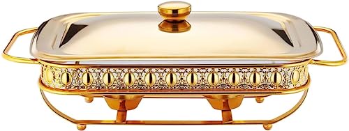 WOTZOV Juego de Buffet de Plato Caliente de Acero Inoxidable, Calentador de Alimentos de 2 Cuartos para Fiestas, Platos Calientes rectangulares con Tapa y Soporte para Bodas, fi，Gold