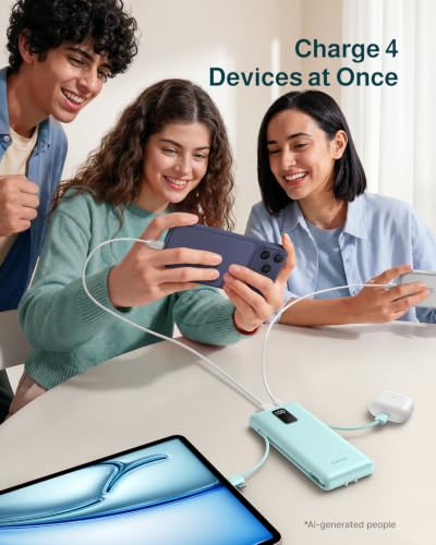 Image of charmast 10000mAh Portable Charger with Built-in Cables and AC Wall Plug | Slim All-in-One USB-C Power Bank, Charge Up to 4 Devices at Once, Travel Essential, Compatible with iPhone, Samsung, Android