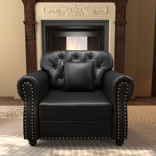 Image of KEIKI 41 inch Faux Leather Chesterfield Sofa with Rolled Arms & Nailhead Trim & 1 Ottoman, 1-Seater Button Tufted Couch with High Resilience Cushion & 1 Pillow, Easy Assembly, for Living Room, Black