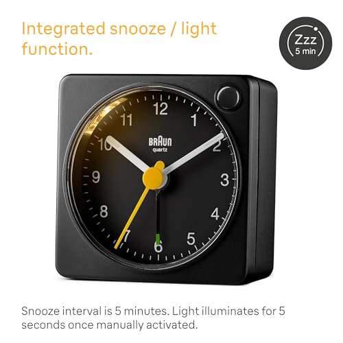 Image of Braun Classic Travel Analogue Alarm Clock with Snooze and Light, Compact Size, Quiet Quartz Movement, Crescendo Beep Alarm in Black, Model BC02XB.