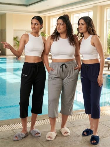 Image of Fflirtygo Women's Cotton Plain Calf Length Capri | Nightwear Pajama | 3 /4th Solid Pyjama Pant | Black Navy and Lavender Lounge Pants | Casual wear & Lounge Wear Capri Combo (Pack of 3)