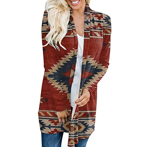 Womens Western Ethnic Print Retro Casual Aztec Printing Long Sleeve Shirt Cardigan Top Coat Womens Winter Coats (Wine, Xl) #TOP28