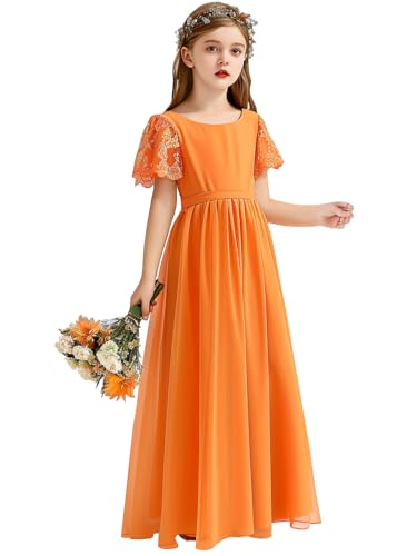Flower Girl Dresses for Wedding Scoop Neck Short Sleeve A Line Chiffon Long Junior Bridsmaid Dresses with Sash4
