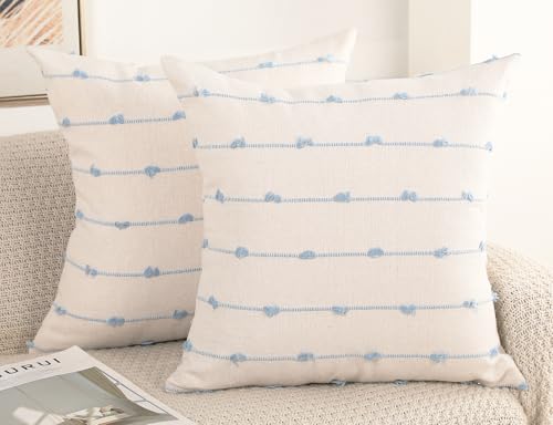 NUYECY Set of 2 Boho Throw Pillow Covers 18x18,Light Blue and White Neutral Couch Pillow Case with Tassel Fringe Decorative,Modern Accent Farmhouse Cushion Covers for Sofa Couch Bed Living Room