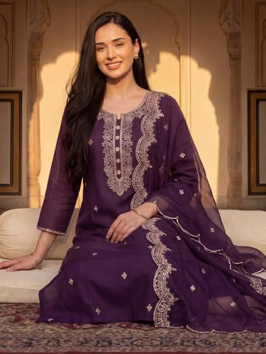 Image of INDO ERA Women's Silk Blend Embroidered Thread Work Kurta & Pant with Dupatta Set | Suit Set For Women