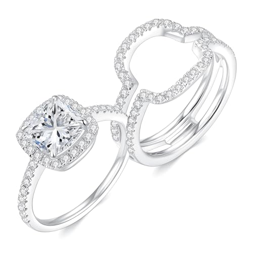 2.5CT Moissanite Wedding Ring Set for Women D Color VVS1 Cushion Cut Bridal Set Wedding Bands S925 Sterling Silver with 18K White Gold Plated Engagement Anniversary Rings for Her Size 4-9