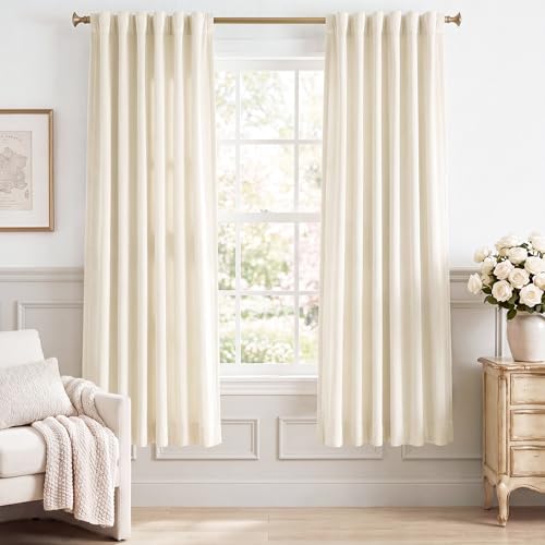 Image of Ivory White Velvet Curtains for Nursery Back Tab, W52 x L72, 2 Pcs | Cream Curtain, Elegant Decor, Short Drapes, Light Filtering, Noise Reduction, Privacy for Cafe Store, Classroom, Dining Room