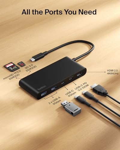 Image of Belkin USB C Hub, 7-Port Hub w / 4K HDMI Display @ 60Hz, SD & MicroSD, 100W Power Delivery, Fast Data Transfer 5Gbps, USB C Multiport Adapter for Neo MacBook, iPad Pro, Chromebook - Upgraded HDMI 2.0