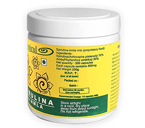 Aurospirul Sun-Dried Spirulina-Amla - 500 Veg Capsules (Pack of 1)