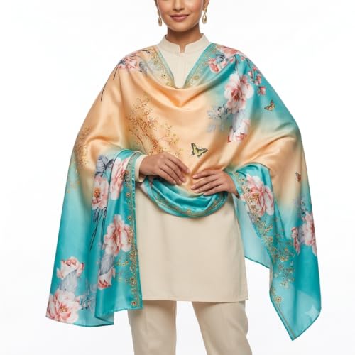 Image of Floral Printed Silk stole | silk Scarf for Women | stylish silk stole for women | Soft Lightweight Stole, Shawl & Neck Wrap | Scarf for Wedding, Party, Travel & Casual Wear