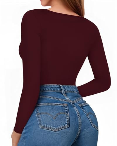 Image of Mangopop Women' Long Sleeve Ribbed Bodysuit Jumpsuits