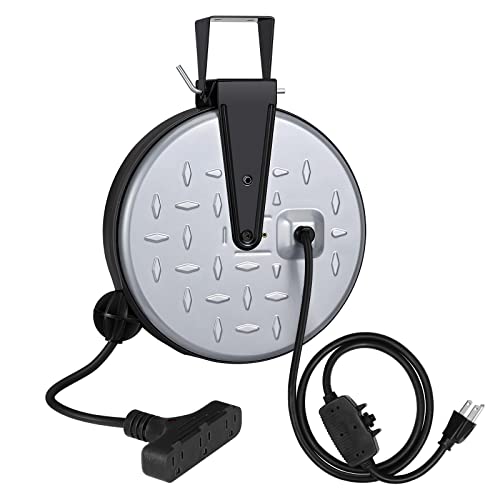 DEWENWILS Metal Extension Cord Reel,30FT retractable extension cord, 16AWG/3C SJTW Power Cord, 3 Electrical Outlets, 10A Circuit Breaker, Wall or Ceiling Mountable for Workshop, Garage, UL Listed