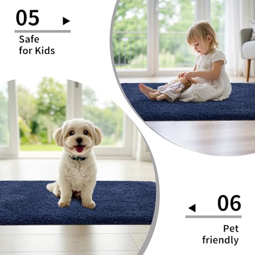 Image of Shaggy Polyester Microfiber Round Rug Carpet for Living Room | Ultra Soft Fluffy Plush Area Rug | Anti-Skid Non-Slip Backing | Washable Carpet for Bedroom- (5x5 feet, Ring Blue, Round)