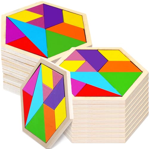 Meooeck 12 Pack Tangrams Wooden Puzzles Tangrams Classroom Set for Kids Shape Puzzles Brain Logic Blocks for Games Educational Gifts for Adults Kids Ages 4-8 8-12(Hexagon Style)