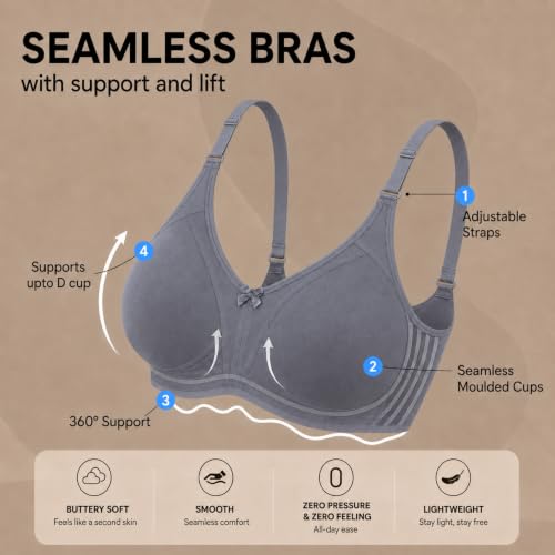 Image of INKURV Seamless Bra for Women Full Coverage | Cotton Hosiery T-Shirt Brassiere - Non Padded Wireless Lift for Everyday Wear| Moulded Cups for Chest Lifting- SAGE
