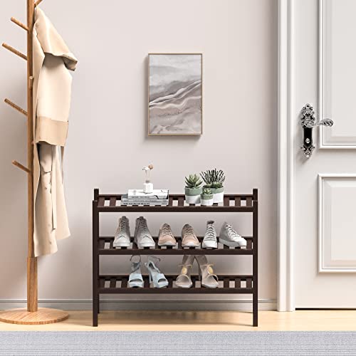 3 Tier (Thick) Bamboo Shoe Rack for Closet Free Standing Wood Shoe Shelf for Entryway Small Space Stackable 27"x12"x21" (Black Brown)