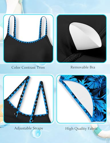 Image of Girls Swimsuit Solid Color Tankini Contrast Trim Swimwear 2 Piece Bathing Suit Padded Swimsuits for Teens 9-16Y
