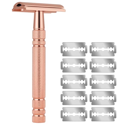 AOOWU Rasoir De Sûreté, Rasoir de Sécurité en Acier Inoxydable pour Visage et Corps avec 10 lames à double tranchant, Reutilisable Rasoir Manuel Safety...