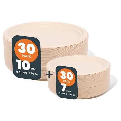 hooray mida 60 Pcs 10" (30)+ 7"(30) Disposable Paper Plates Dinner Party Paper Plates and Biodegradable Salad Paper Plate 100% Compostable Plates Paper Plates - Heavy-Duty Disposable Cover