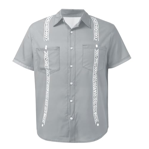 Camisa de verano de manga corta para hombre con botones, cuello vuelto, corte ajustado, bolsillo en el pecho, camisa hawaiana, moderna, cubana, guayabera, informal, tops, O gris., XXXL