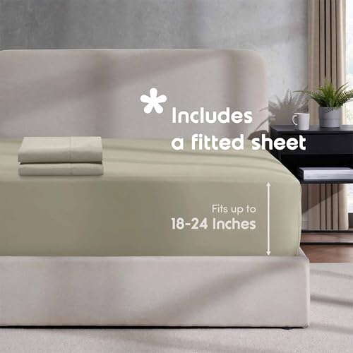 Image of Hearth & Harbor Light Sage Duvet Cover with Fitted Sheet Full Size | 4 Piece Soft Double Brushed Bedding Set, Button Closure, 1 Duvet Cover 80x90 Inches, 1 Fitted Sheet, 2 Pillow Shams