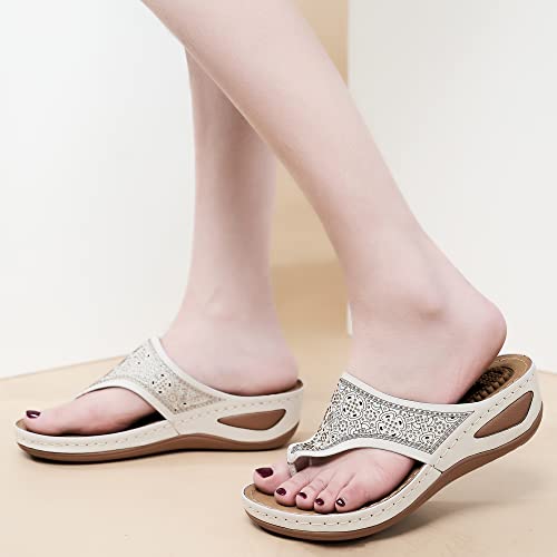 Ecetana Womens Sandals Flip Flops For Women With Arch Support Cushion Summer Casual Rhinestone Wedge Sandal Shoes Massage Function Beige #TOP5