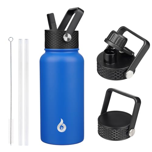 Image of BJPKPK Insulated Water Bottles with Straw Lid, 27oz Stainless Steel Water Bottle with 3 Lids, Leak Proof BPA Free Metal Thermo, Mugs, Tumblers, Keep Cold Hot -Sapphire