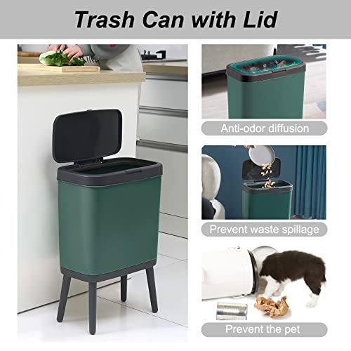 Trash Can With Lid,4 Gallon Plastic Garbage Can With Push Button,Slim Dog Proof Trash Can For Bathroom,Tall Kitchen Trash Bin, Modern Waste Basket For Bathroom,Living Room,Toilet,Campers,Office(Green) #TOP1