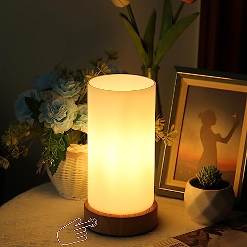 HSLighting Bedside Lamp Touch Control Table Lamp with Wooden Base Warm Glass Shade 3-Level Dimmable LED Light Bulbs Desk Lamp Minimalist for Bedroom Living Room Children's Room Round