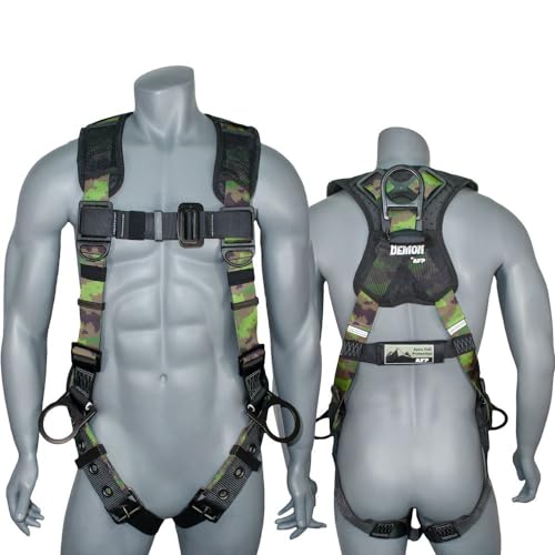 AFP Green Camouflage Universal Fall Protection Ergonomic Comfort Safety Harness, Soft Pressure-Relieving Perforated Breathable Padded Foam Shoulder, 3 D-Rings, Tongue Buckle, Mating Buckle