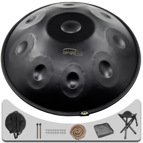 "SINGOFIRE" 9-Notes Handpan Drum, Handpan Drums for Adults, 22-Inch 440Hz D Minor Kurd, HandPan Instrument with Soft Handpan Bag, 2 Mallets, Handpan Stand and Dust-Free Cloth(Black)