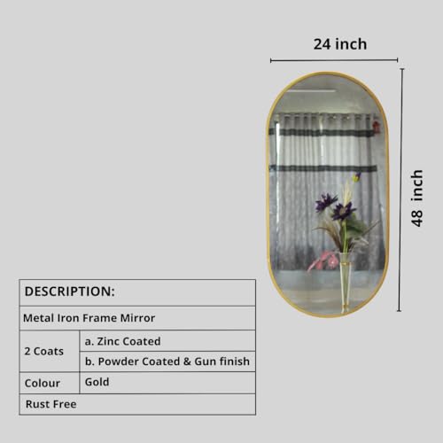 Image of Modern Elegance Capsule Shape Wall-Mounted Mirror Metal Framed Wall Mirror Bathroom Mirror Living Room Mirror Home Decor Mirror 24 x 48 Inches Golden MF 104
