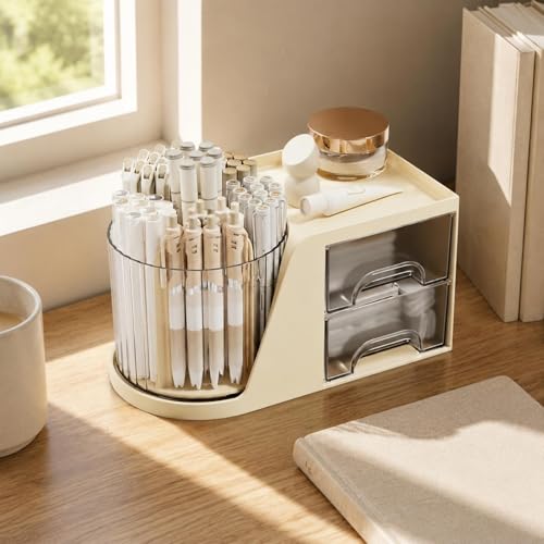 MVQJSUCI Desktop Organizer Pen Holder Drawer Organizer Acrylic Desk Storage Organizer With Space Saving Shape And Sorted Compartments Suitable for Writing, Snow White, Storage + Rotating Pen Holder - Image 3