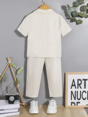 Verdusa Boy's 2 Piece Outfits Linen Set Going Out Outfits Button Up Shirt and Shorts Pants Set Beige 11Y