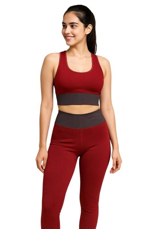 Malvina Women’s Seamless Yoga Set – High-Waist Leggings and Sports Bra (Red,Multisize)