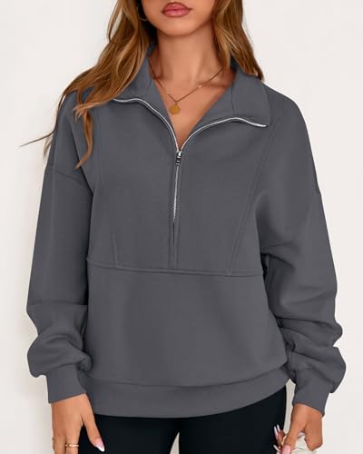KIRUNDO Sweatshirt for Women 2026 Fall Half Zip Pullover Oversized Fleece Mock Neck Hoodies Fashion Outfits Winter Clothing(Dark Grey, Medium) — view 6