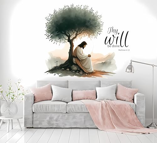 Image of Jesus Christ Wall Sticker | Thy Will Be Done Bible Verse Wall Art | Christian Vinyl Decal for Living Room, Prayer Room & Church Decor