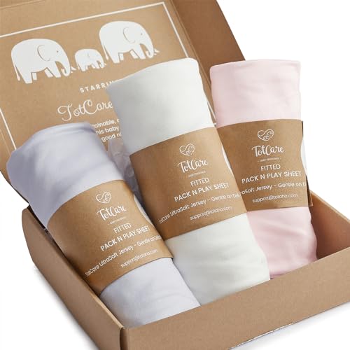 Image of TotCare Graco Pack n Play Sheets Fitted Girl – Compatible with Graco Pack n Play Playard & Other 27 x 39 Inch Playpen Mattress, Buttery Soft Jersey Playard Sheets, Pink Lavendar Cloud, 3 Pack